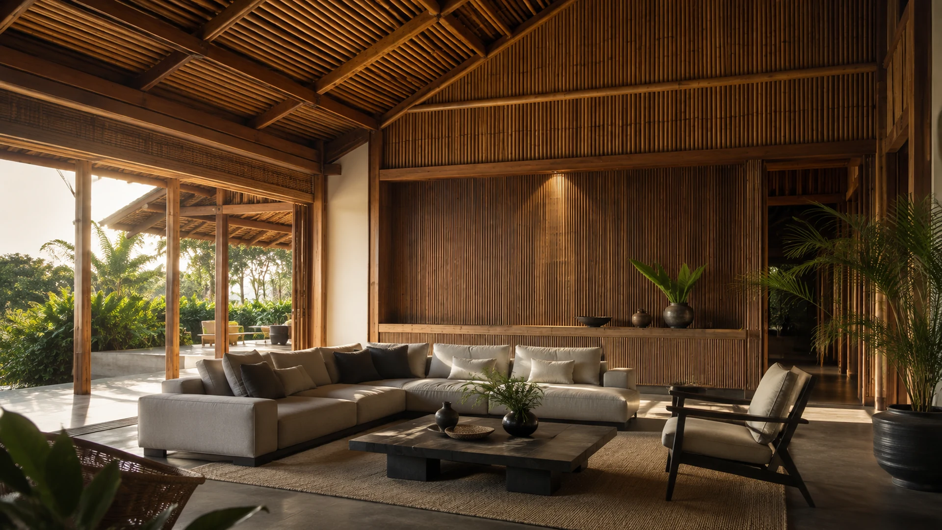 Interior contemporâneo com aplicações de bambu